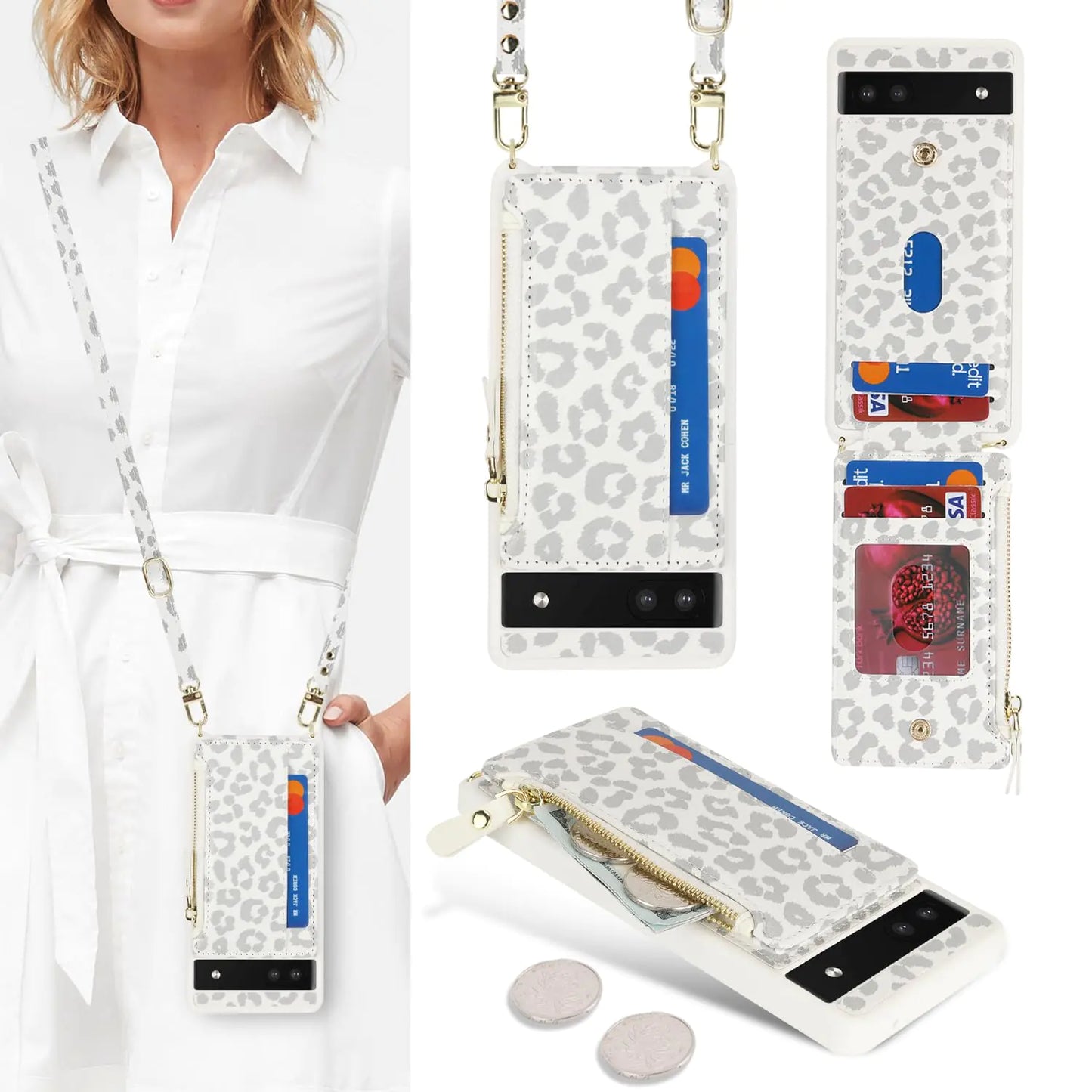 Cavor for Google Pixel 6 Case Wallet,Phone Case for Pixel 6 Crossbody Case with Strap,Pixel 6 Wallet Case for Women,Leather Zipper Pocket Card Holder Case-Leopard Black