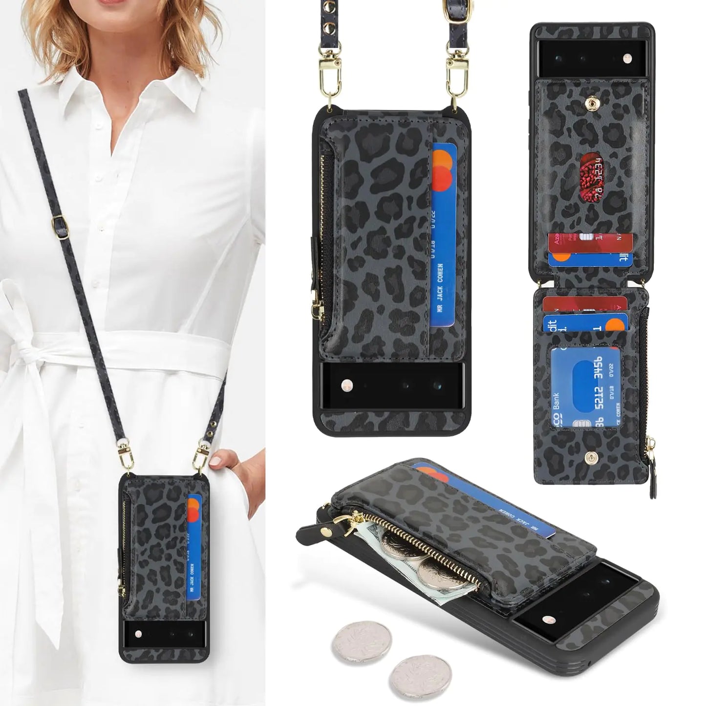 Cavor for Google Pixel 6 Case Wallet,Phone Case for Pixel 6 Crossbody Case with Strap,Pixel 6 Wallet Case for Women,Leather Zipper Pocket Card Holder Case-Leopard Black